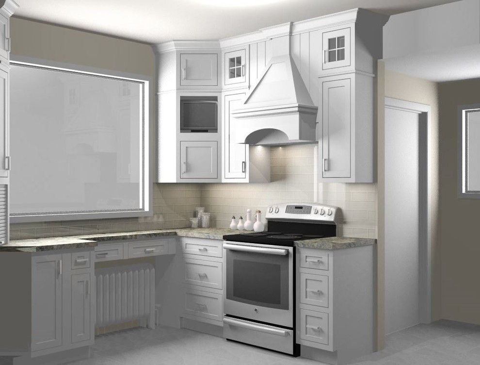 Eat-in kitchen - small transitional u-shaped eat-in kitchen idea in Minneapolis with an undermount sink, shaker cabinets, white cabinets, granite countertops, beige backsplash, glass tile backsplash, stainless steel appliances and no island