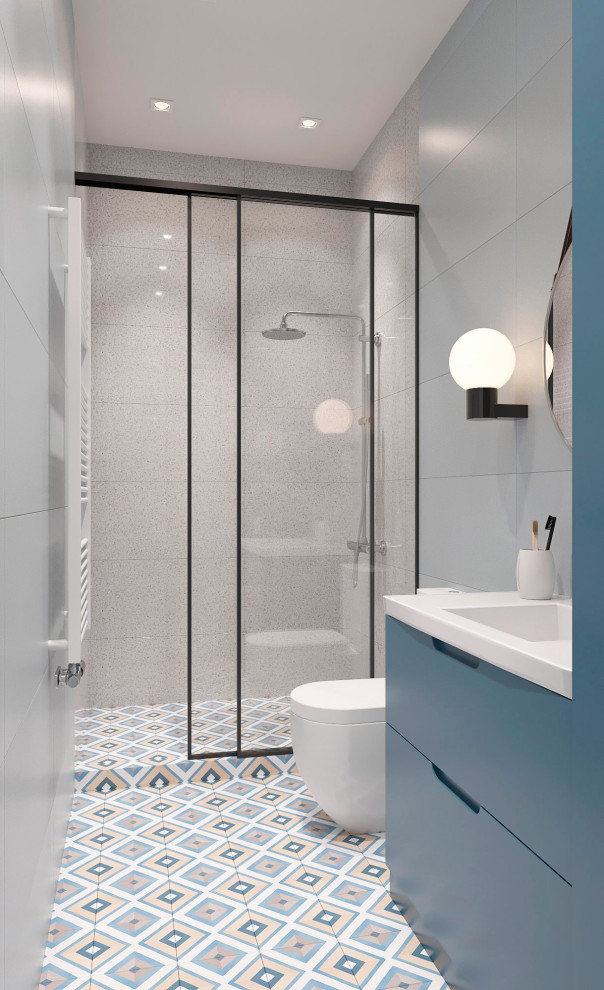 Пример оригинального дизайна: ванная комната среднего размера в скандинавском стиле с паркетным полом среднего тона