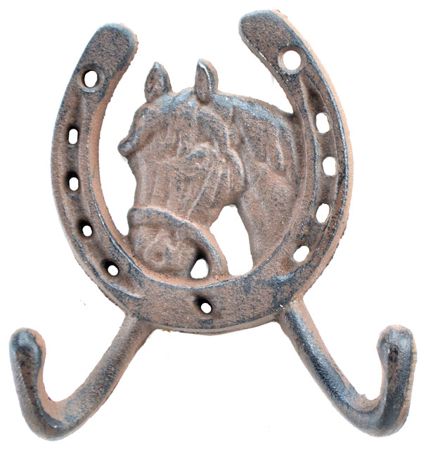 Horse Head Horseshoe Western Double Wall Hook, Rust Brown Cast Iron, 5