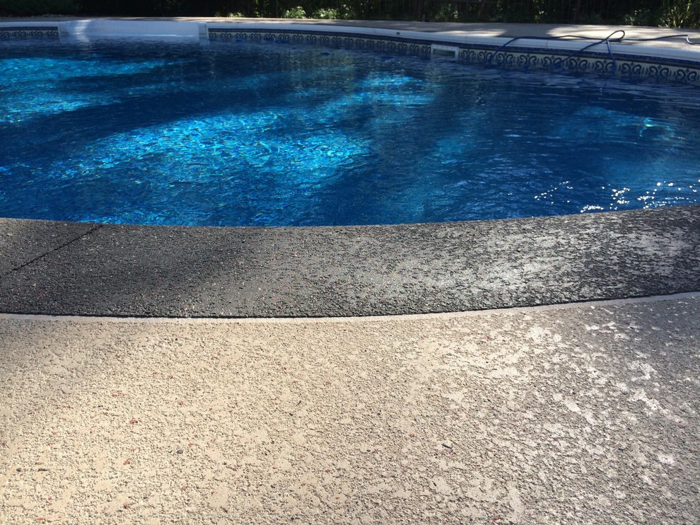 This is an example of a mid-sized traditional backyard custom-shaped natural pool in St Louis with decomposed granite.