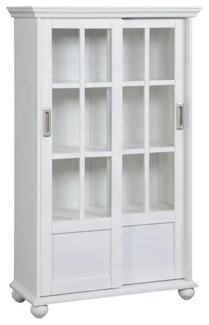 Transitional Bookcase, Sliding Doors With Glass Panels & Inner Shelves, White