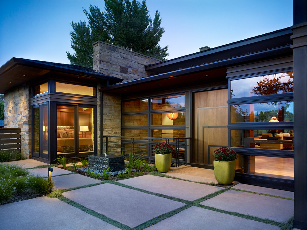 Inspiration for a contemporary front door in Denver with a dark wood front door.