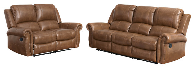 Jenner Leather 2 Piece Sofa And, Brown Leather Sofa And Recliner Set