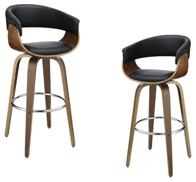 Set of 2 Bar Stools in Black and Walnut Midcentury Bar Stools And