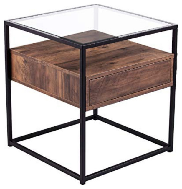 Olivern GlassTop End Table With Storage Industrial Side Tables And End Tables by