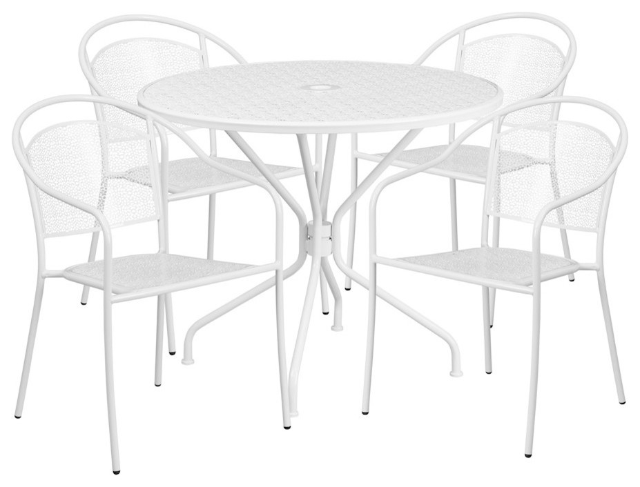 35.25'' Round White Indoor-Outdoor Steel Patio Table Set - Contemporary