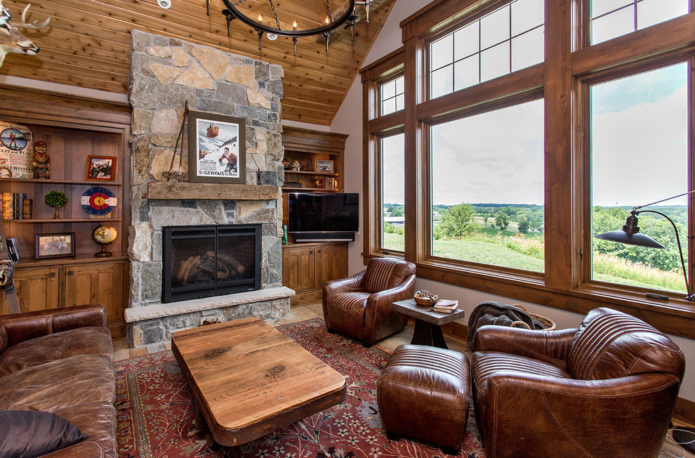 Mid-sized country formal living room in Other with a standard fireplace, a stone fireplace surround and a wall-mounted tv.