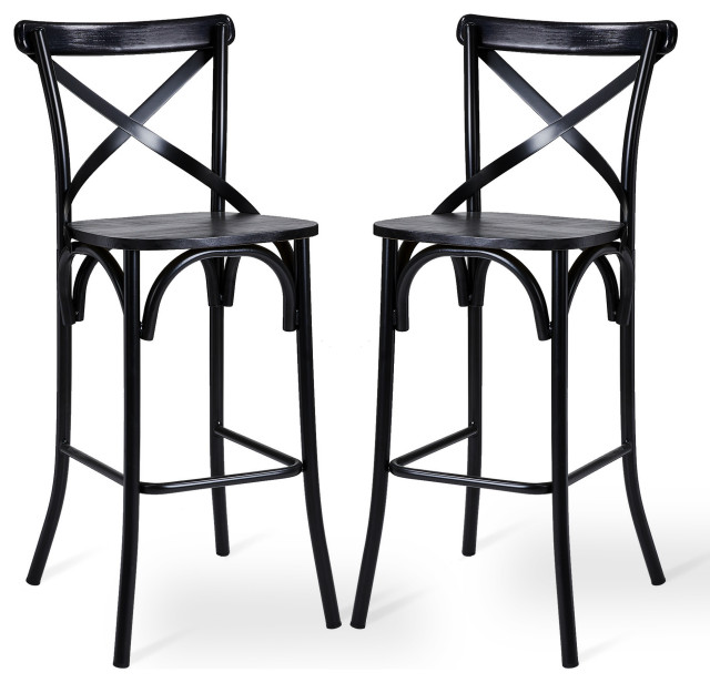 Black Steel Bar Stool With Solid Elm Wood Seat and Back Support, Set of 2
