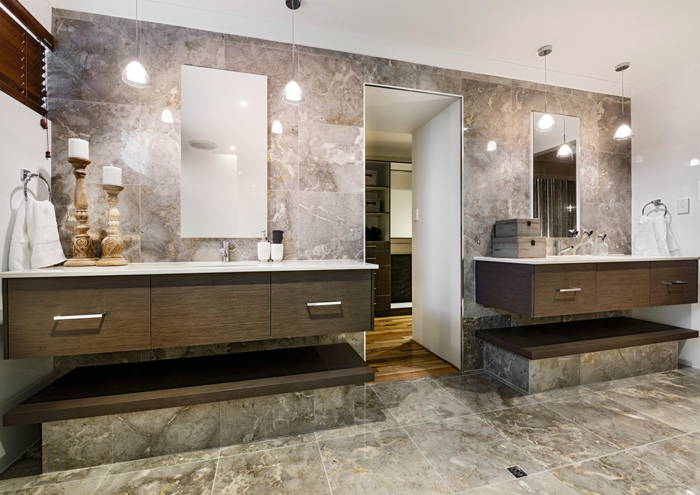 Design ideas for a mid-sized contemporary master bathroom in Perth with flat-panel cabinets, dark wood cabinets, a two-piece toilet, multi-coloured tile, stone tile, white walls, marble floors, an undermount sink, engineered quartz benchtops and an alcove shower.