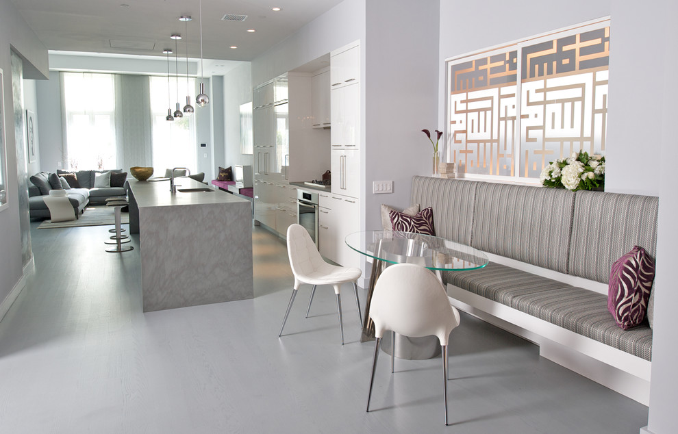 Design ideas for a mid-sized contemporary separate dining room in New York with grey walls and marble floors.