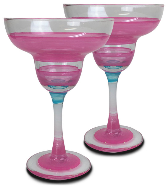 Retro Stripe Pink Margarita Glasses, Set of 2 Contemporary Cocktail