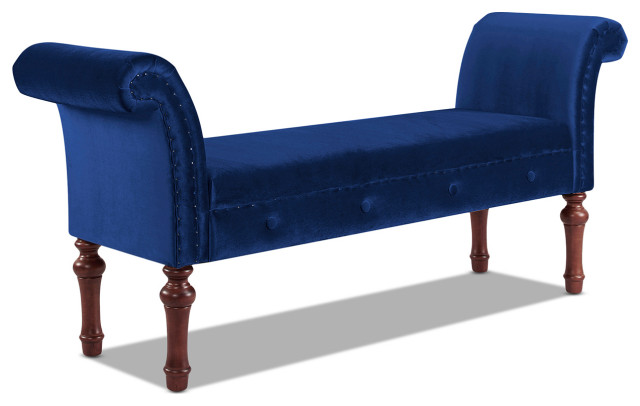 Velvet Fabric Vanity Bench With Tufted Button Nailhead Trim Light Navy Chairus Upholstered Entryway Bench With Arm Midnight Blue Storage Benches