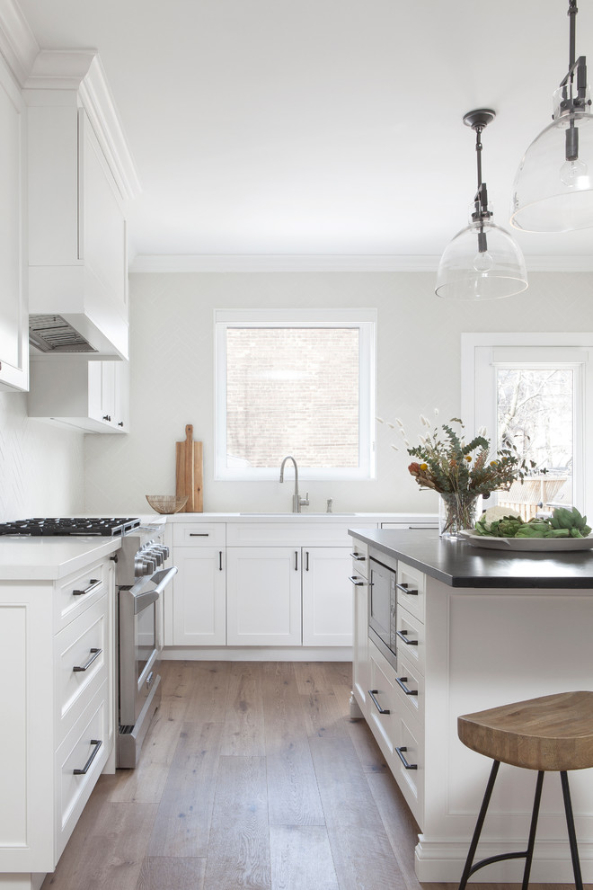 Inspiration for a small transitional l-shaped light wood floor and brown floor kitchen pantry remodel in Toronto with a double-bowl sink, recessed-panel cabinets, white cabinets, soapstone countertops, white backsplash, porcelain backsplash, stainless steel appliances, an island and black countertops