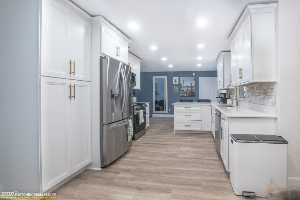 Medium sized classic galley kitchen/diner in Orlando with recessed-panel cabinets, white cabinets, engineered stone countertops, multi-coloured splashback, marble splashback, porcelain flooring, no island, beige floors and white worktops.