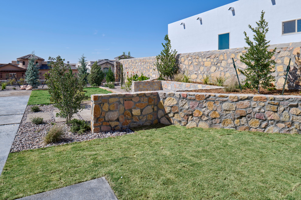 Идея дизайна: солнечный засухоустойчивый сад среднего размера на заднем дворе в современном стиле с высокими грядками, хорошей освещенностью, покрытием из гравия и с каменным забором