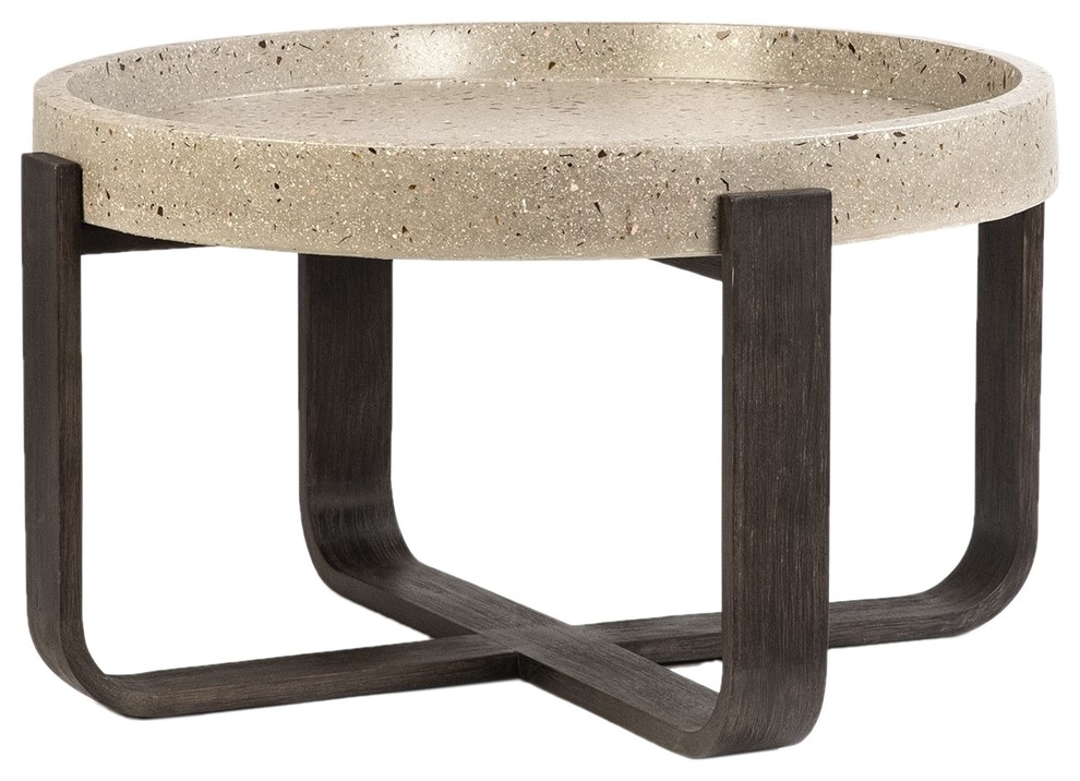 33 Lorena Coffee Table White Stone Top Lip Dark Wooden Base Round