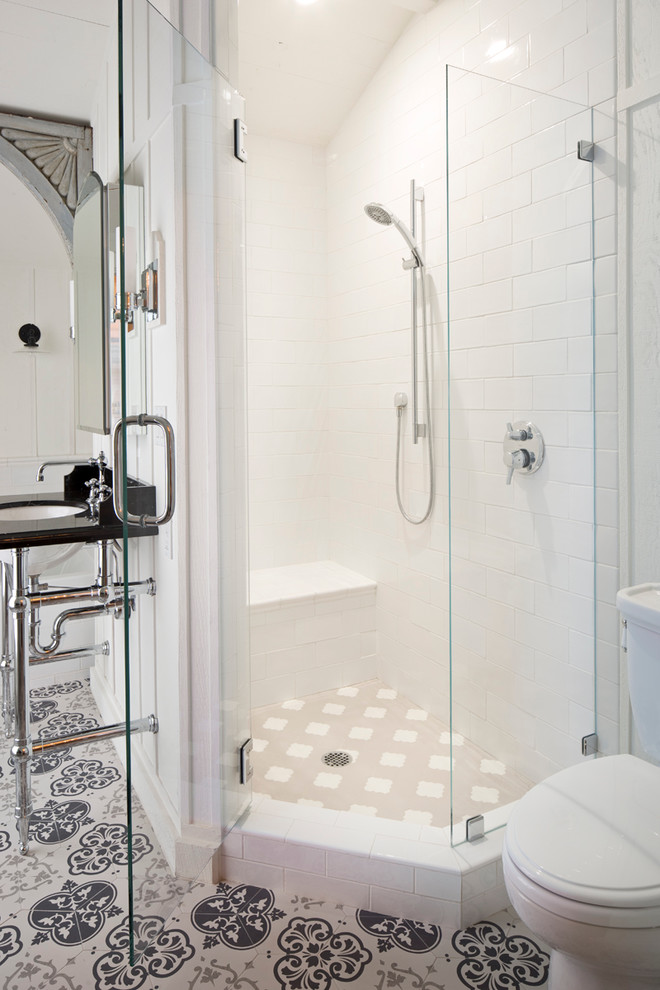 Design ideas for a mid-sized transitional bathroom in Other with a corner shower and white walls.