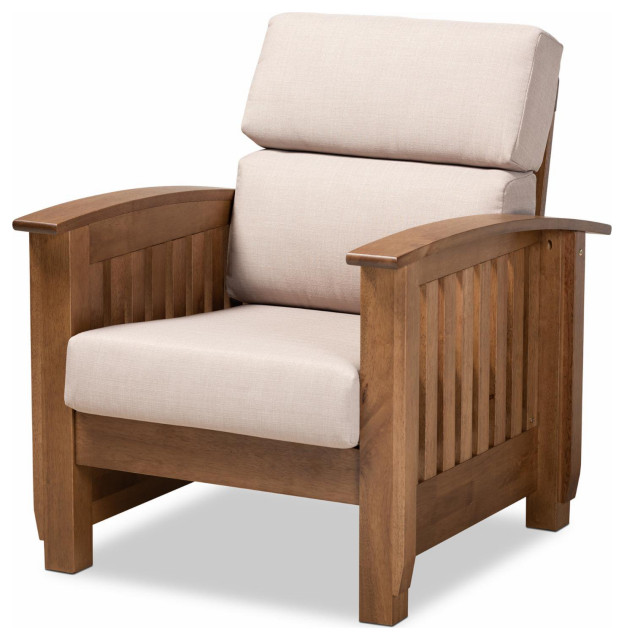 Mission Accent Chair, Exposed Rubberwood Frame With Taupe Fabric Seat