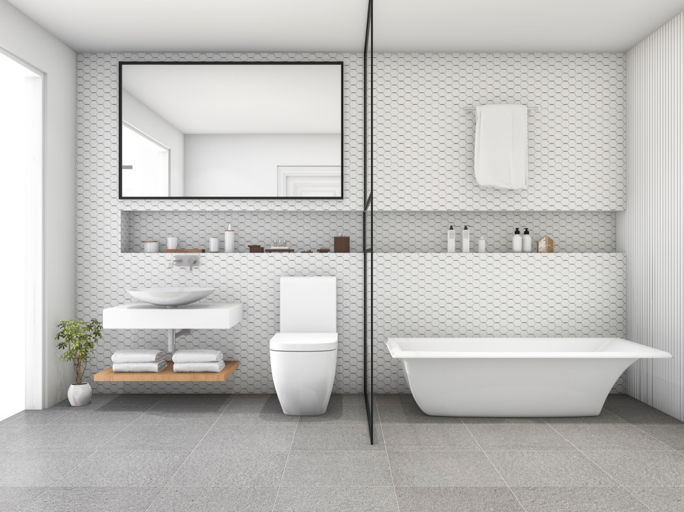 Источник вдохновения для домашнего уюта: главная ванная комната среднего размера в скандинавском стиле с открытыми фасадами, белыми фасадами, отдельно стоящей ванной, унитазом-моноблоком, черно-белой плиткой, плиткой мозаикой, белыми стенами, полом из керамической плитки, монолитной раковиной, столешницей из ламината, серым полом, белой столешницей, акцентной стеной, тумбой под одну раковину и подвесной тумбой