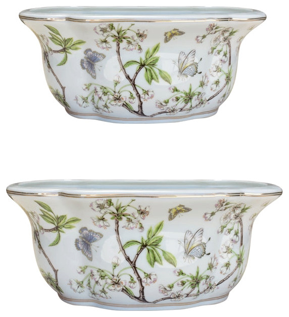 Set of 2, Cherry Blossom Porcelain Oval Planter Indoor Pots And