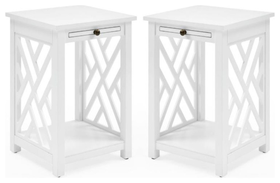 Home Square Wood End Table with Tray and Bottom Shelf in White Set of