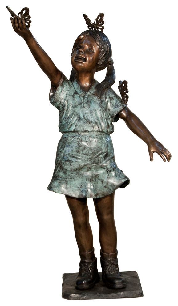 Girl With Butterflies Bronze Sculpture Contemporary Garden Statues And Yard Art by Bronze