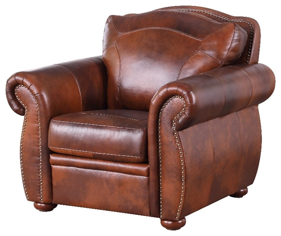 Bowery Hill Traditional Geuine Leather Accent Chair in Marco Brown