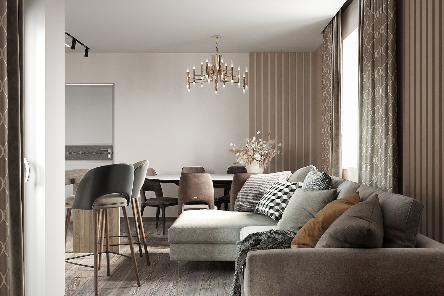 Кухня-гостиная. Вариант в теплых тонах.