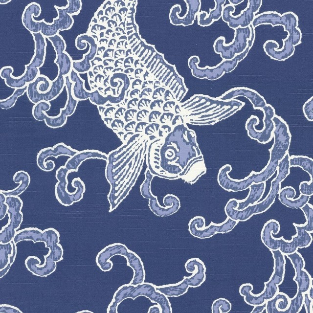 Porcelain Blue Koi Fish Fabric Modern Drapery By Loom Decor Porcelain Blue Koi Fish Fabric