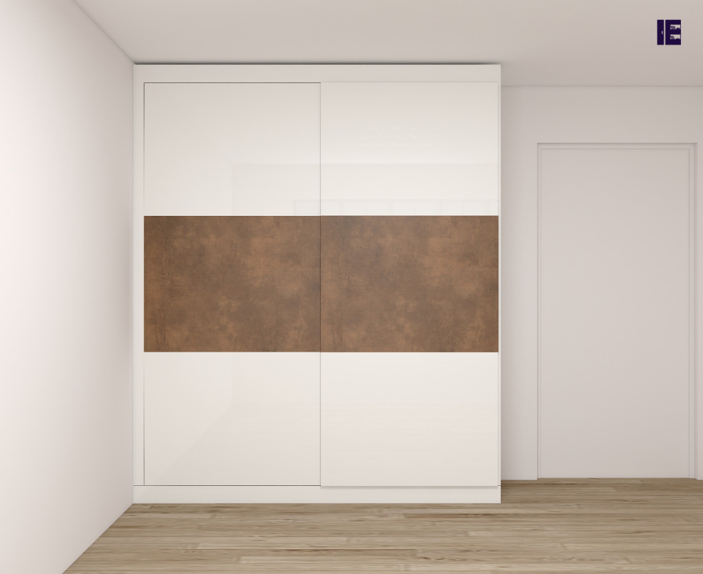 Exempel på ett litet modernt omklädningsrum, med släta luckor, vita skåp och plywoodgolv