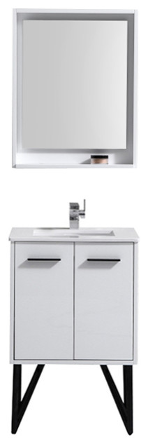 Bosco 24"Bathroom Vanity With Quartz Countertop, Matching Mirror, High Gloss Whi