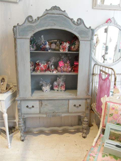 Antique Shabby Chic China Cabinet Blue Distressed Eclectic