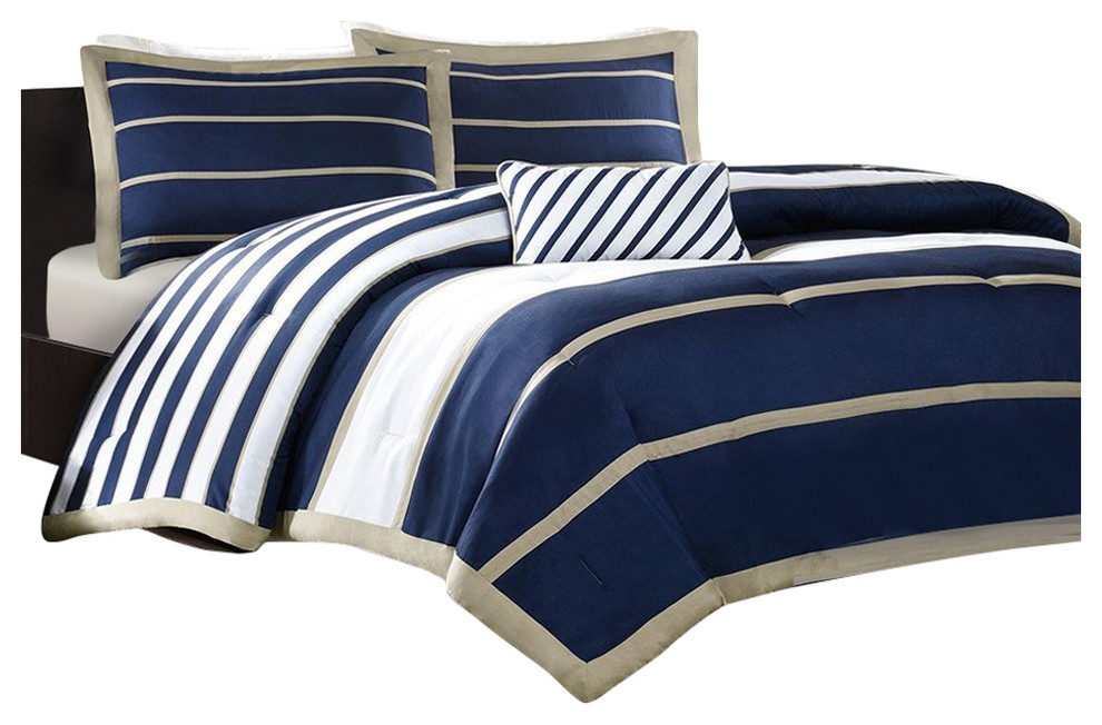 Full Queen Size Comforter Set In Navy Blue White Khaki Stripe