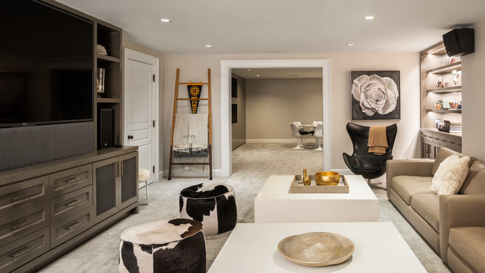 Contemporary fully buried basement in New York with beige walls, carpet, beige floor and a ribbon fireplace.