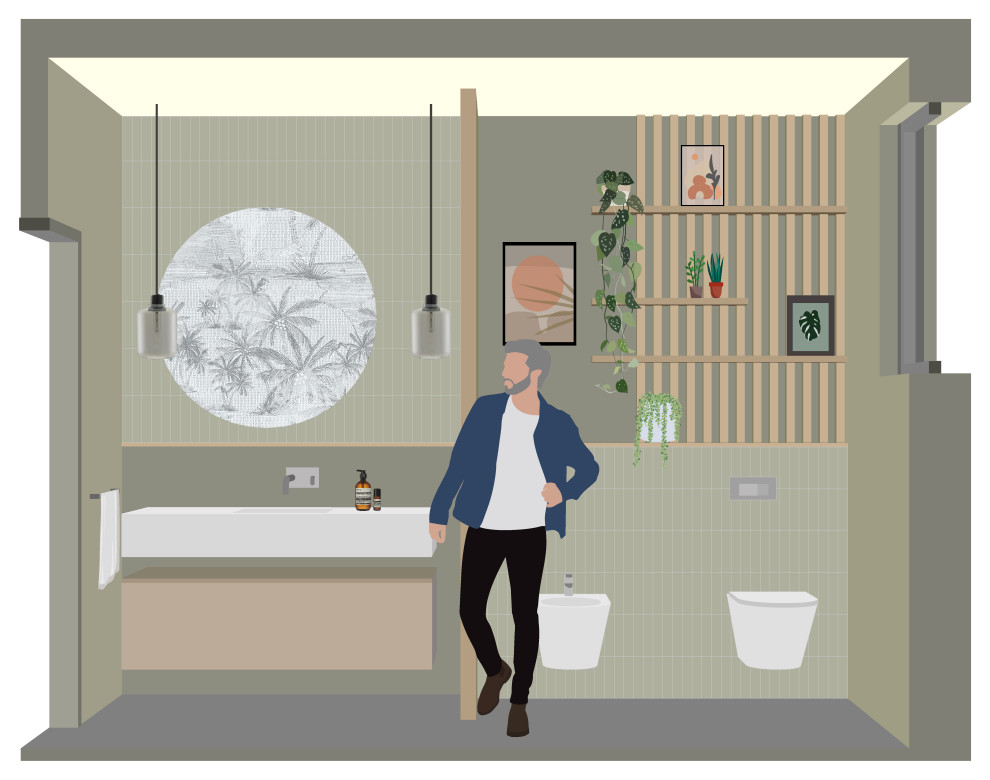 Idee per una stretta e lunga stanza da bagno con doccia contemporanea di medie dimensioni con piastrelle verdi, pareti verdi, top bianco, un lavabo, mobile bagno sospeso e carta da parati