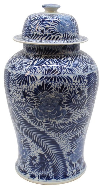 Beautiful Blue and White Porcelain Feather Floral Style Temple Jar, 22"