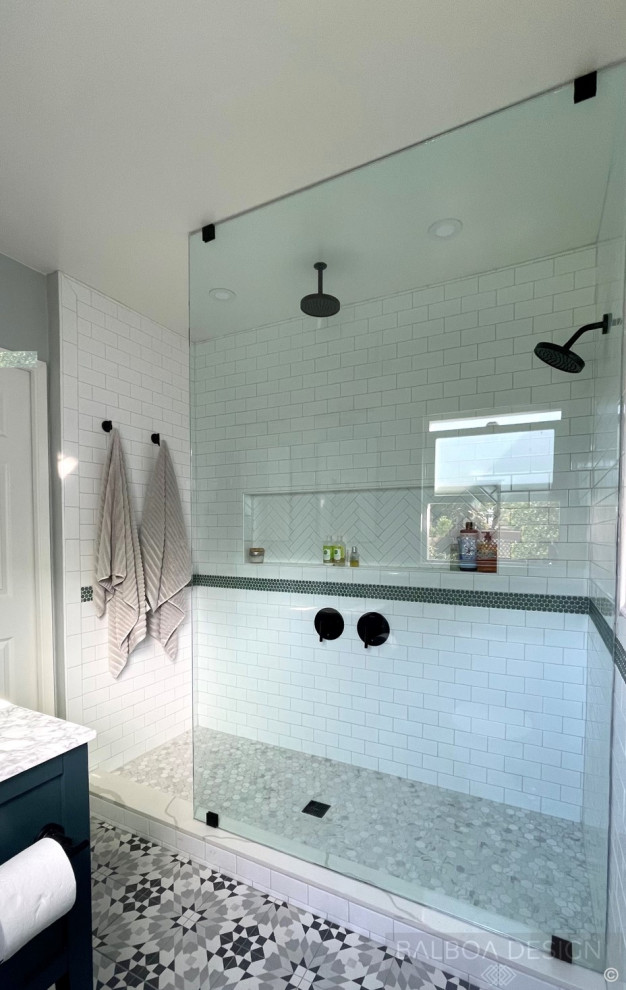 Inspiration for a small country 3/4 bathroom in San Diego with shaker cabinets, green cabinets, an alcove shower, a two-piece toilet, white tile, subway tile, green walls, porcelain floors, an undermount sink, marble benchtops, multi-coloured floor, an open shower, white benchtops, a niche, a double vanity and a freestanding vanity.