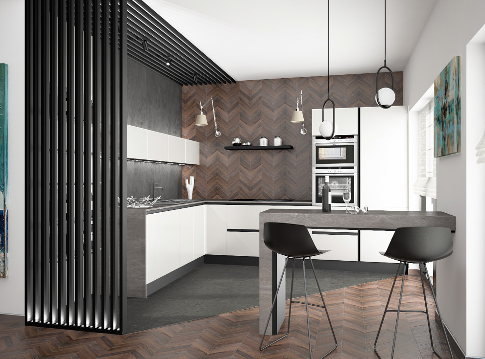 Inspiration for a modern l-shaped open plan kitchen in Rome with a built-in sink, flat-panel cabinets, white cabinets, marble worktops, wood splashback, stainless steel appliances, medium hardwood flooring, an island, black floors and grey worktops.