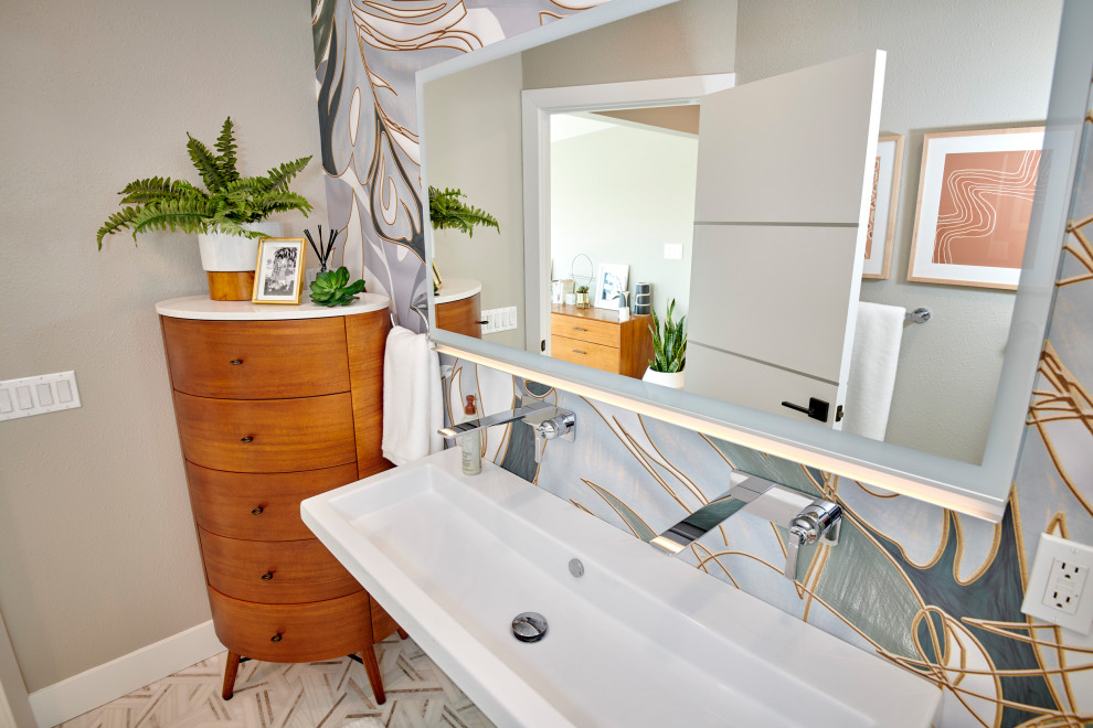 Design ideas for a mid-sized tropical master wet room bathroom in Denver with white cabinets, a freestanding tub, a bidet, white tile, marble, multi-coloured walls, marble floors, a trough sink, white floor, a hinged shower door, white benchtops, a niche, a double vanity, a floating vanity, wallpaper and panelled walls.