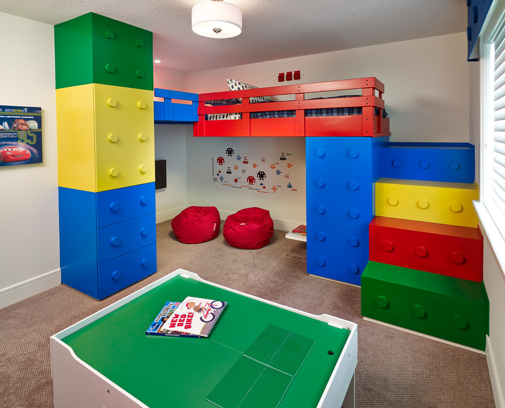 Photo of a contemporary gender-neutral kids' room in Edmonton with white walls and carpet.