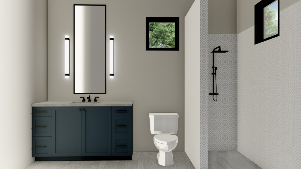 Идея дизайна: главная ванная комната среднего размера в стиле модернизм с фасадами в стиле шейкер, синими фасадами, отдельно стоящей ванной, душем в нише, раздельным унитазом, серой плиткой, плиткой, серыми стенами, полом из керамогранита, врезной раковиной, столешницей из искусственного кварца, серым полом, открытым душем, черной столешницей, сиденьем для душа, тумбой под две раковины, встроенной тумбой, любым потолком и любой отделкой стен
