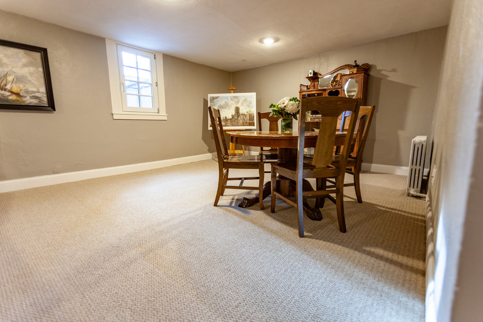 This is an example of a mid-sized traditional look-out basement in Minneapolis with beige walls, carpet and beige floor.