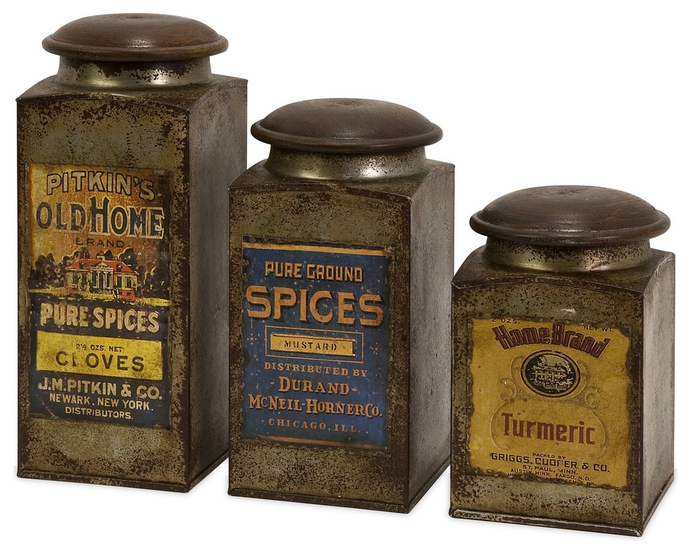 iMax Addie Vintage Label Wood and Metal Canister Set X-3-64037