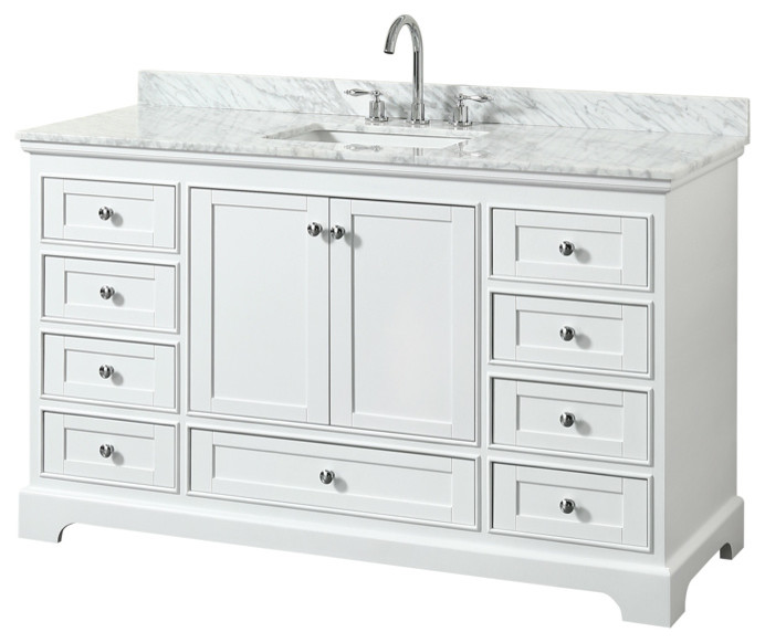 Deborah 60" White Single Vanity, Carrara Marble Top, Square Sink, No Mirror
