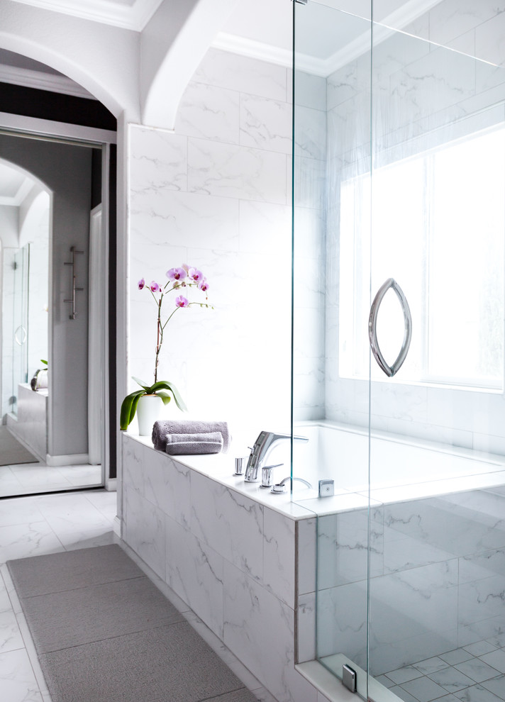 Design ideas for a large asian master bathroom in Sacramento with a corner shower, grey walls, marble floors, an undermount tub, gray tile, white tile, grey floor and a hinged shower door.
