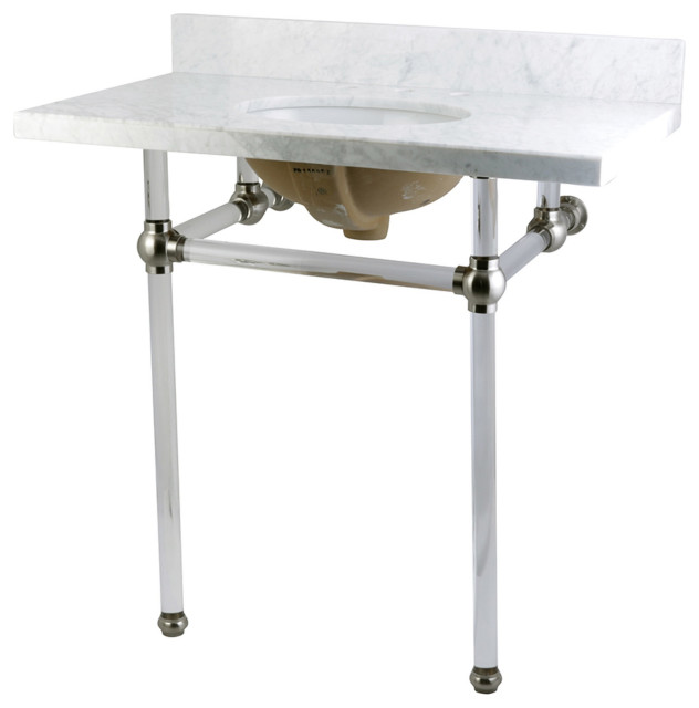 36X22 Carrara Marble Vanity Top, Clear Acrylic Feet ComboBrushed