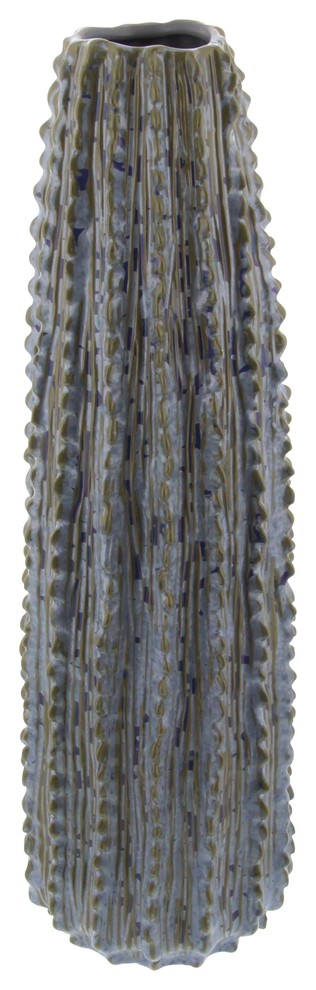 Eclectic Textured Ceramic Ribbed Cactus Vase, Gray, 20"