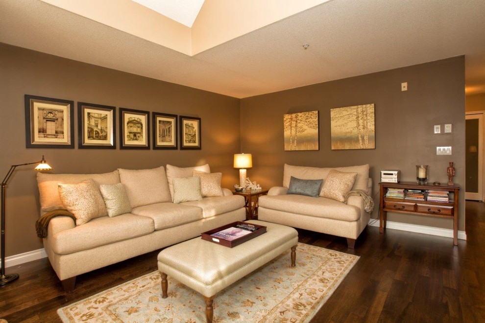 Mid-sized transitional open concept living room in Vancouver with grey walls, dark hardwood floors and brown floor.