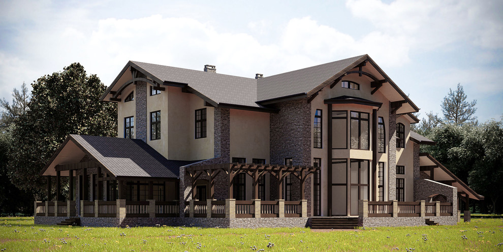 Современный дом в стиле кантри. Вид со стороны зимнего сада