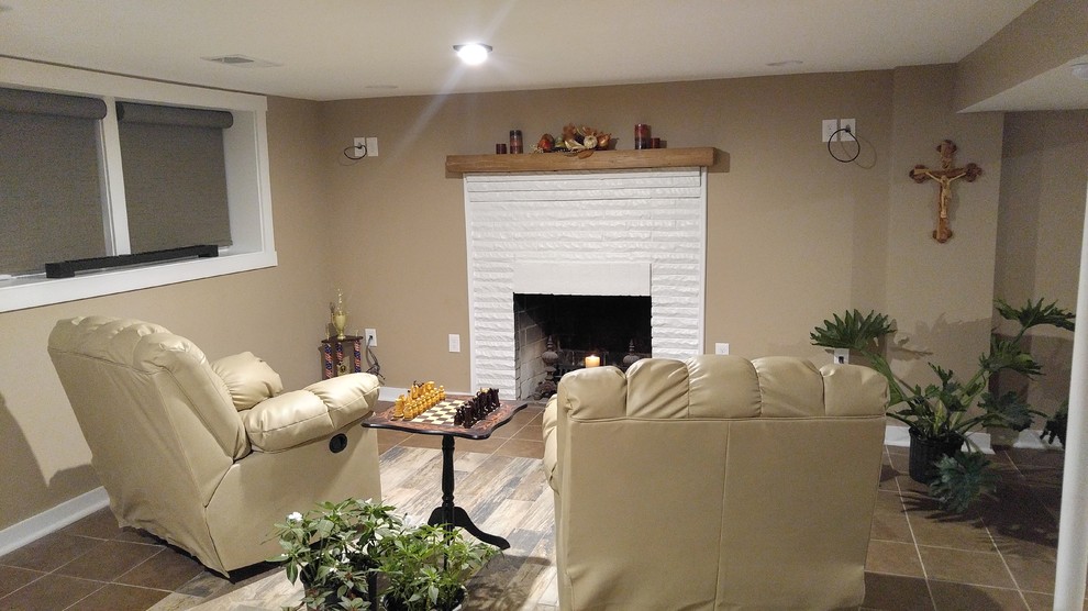 Mid-sized traditional formal enclosed living room in Jacksonville with beige walls, ceramic floors, a standard fireplace, a brick fireplace surround, no tv and brown floor.